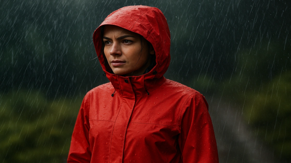 Femeie purtând o jachetă de ploaie de damă impermeabilă cu glugă, în condiții de ploaie puternică