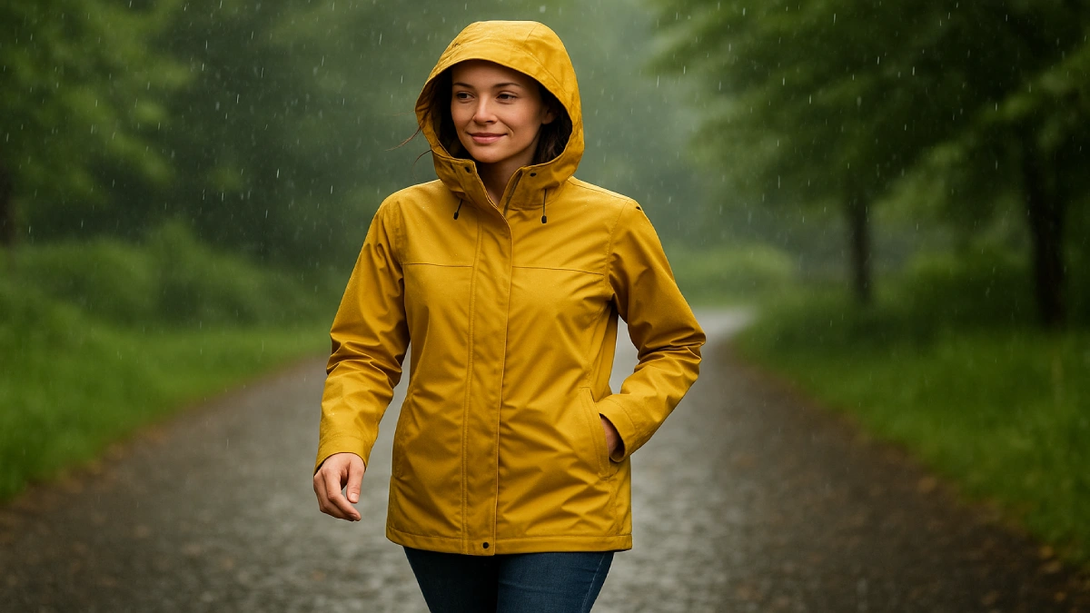 Femeie purtând o jachetă de ploaie de damă, impermeabilă, într-o plimbare pe alee, pe timp de ploaie ușoară
