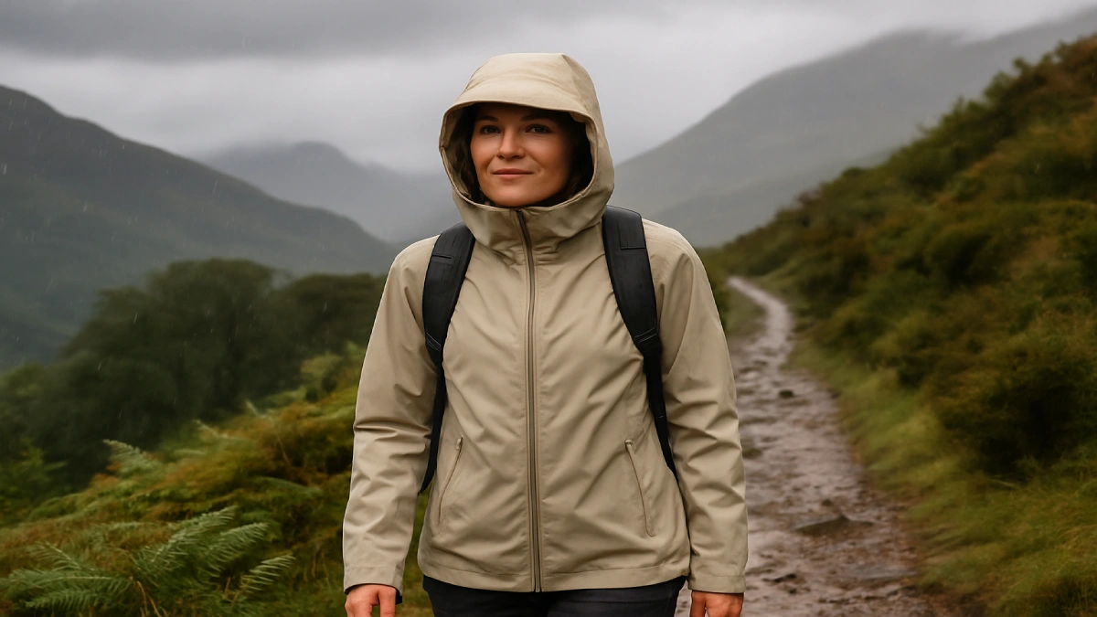 Femeie purtând jachetă de ploaie pentru drumeție pe traseu montan, pe vreme ploioasă