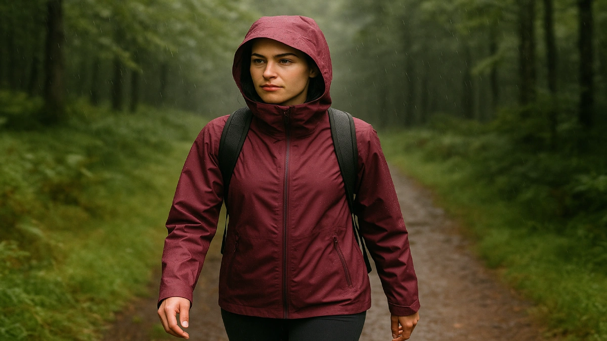 Femeie purtând jachetă de ploaie de damă pe traseu forestier, în condiții de ploaie