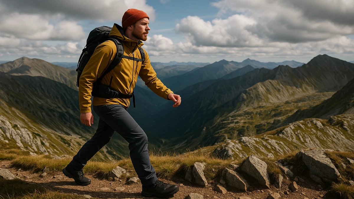 Bărbat în drumeție pe creastă montană, echipat cu pantaloni de munte softshell și rucsac, într-un peisaj alpin spectaculos