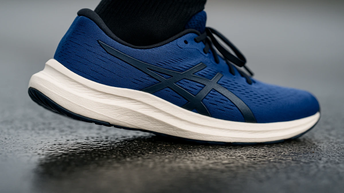 Detaliu close-up al unui pantof de alergare care se comprimă pe asfalt umed, evidențiind amortizarea tălpii.