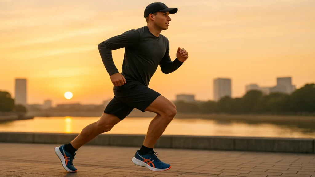 Bărbat alergând la răsărit pe o potecă urbană, purtând pantofi de alergare performanți.