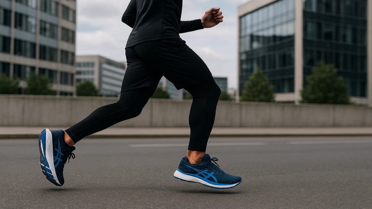 Alergător surprins în timpul alergării pe asfalt, purtând pantofi de alergare pentru șosea.