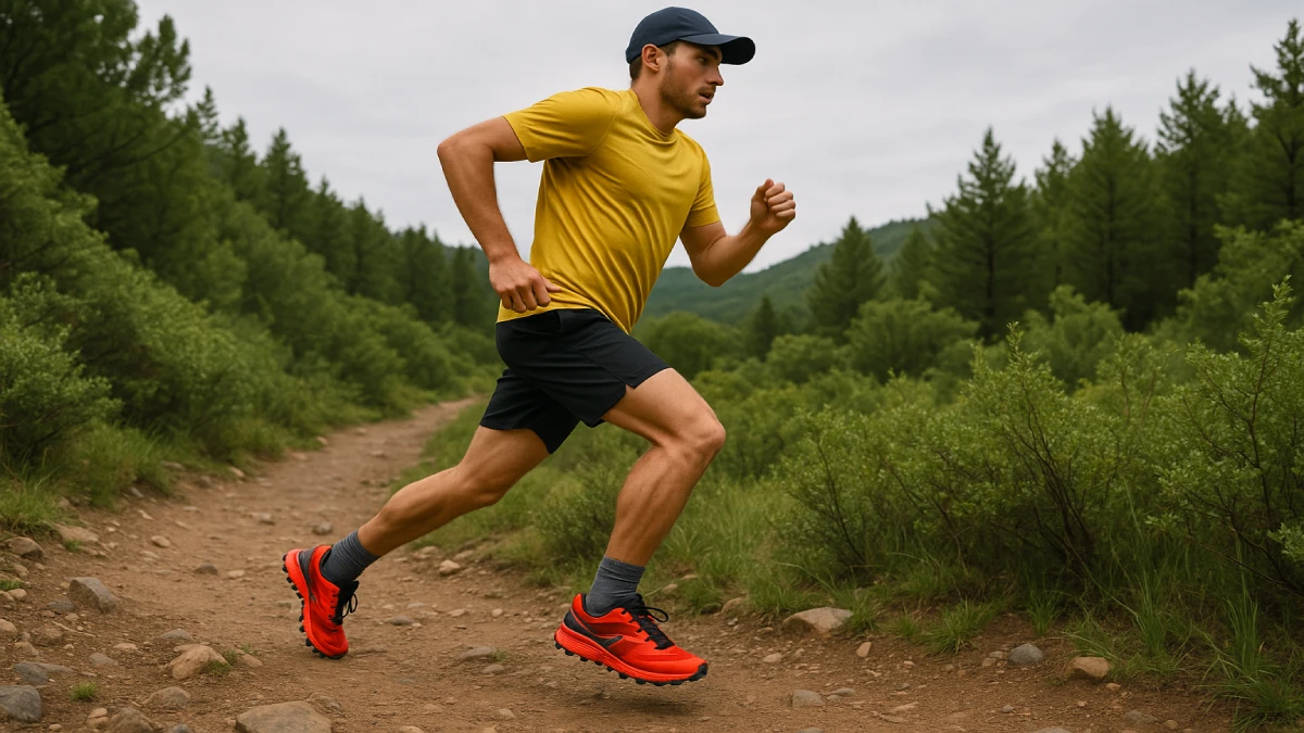 Alergător pe un traseu montan, purtând pantofi de alergare pentru trail running.