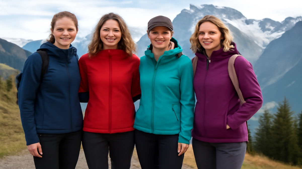 Patru femei pe traseu montan, purtând jachete softshell colorate.