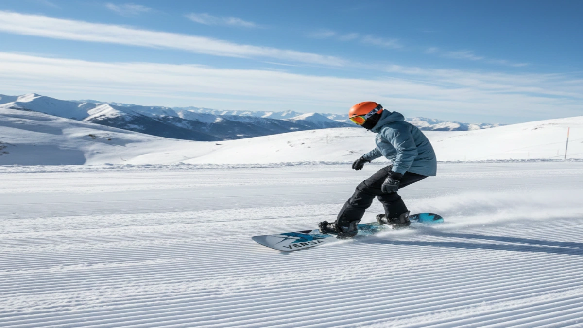 snowboarder care face carving pe pârtie amenajată cu placă snowboard all-mountain