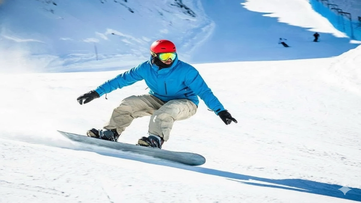 snowboarder executând un viraj controlat de carving pe pârtie