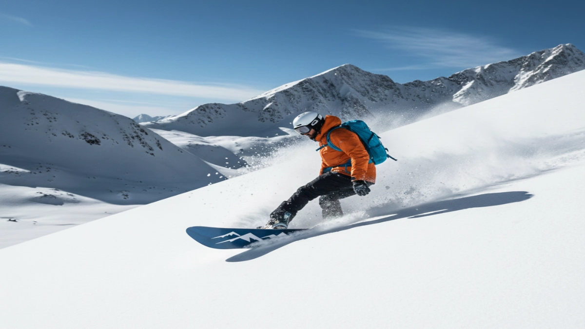 snowboarder freeride coborând în zăpadă adâncă pe munte