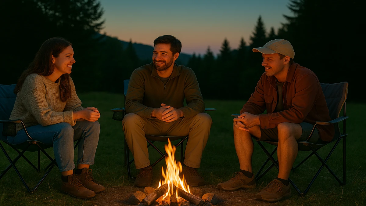 Trei prieteni stând pe scaune de picnic în jurul unui foc de tabără, seara, într-un camping