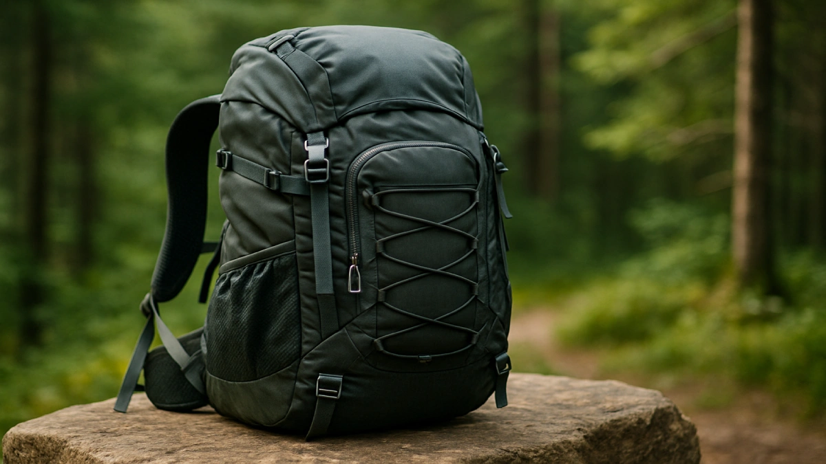 Rucsac de drumeție fotografiat pe o stâncă, evidențiind buzunarele și detaliile tehnice.