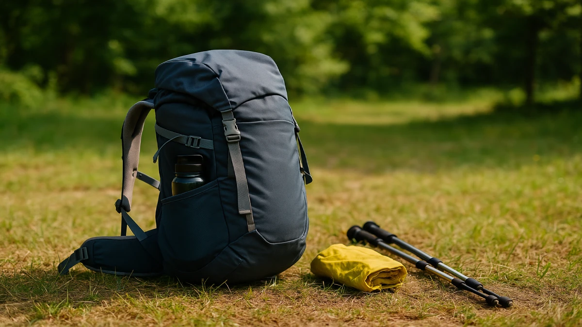 Rucsac de drumeție așezat pe iarbă, alături de bețe trekking și o pelerină împachetată.