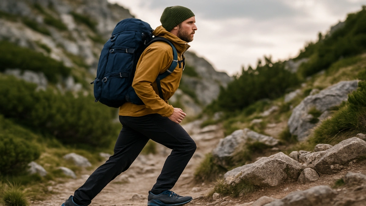 Drumeț urcând pe o potecă montană, purtând un rucsac de drumeție de capacitate mare.