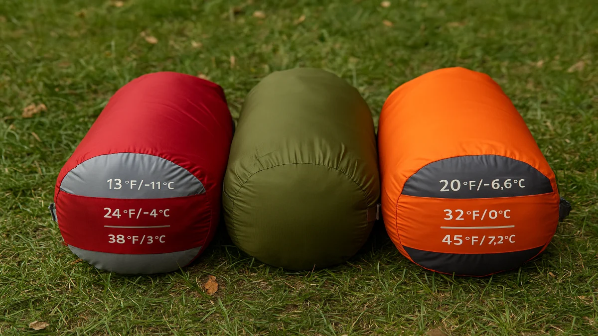 Trei saci de dormit comprimați, cu ratinguri de temperatură vizibile, așezați pe iarbă.