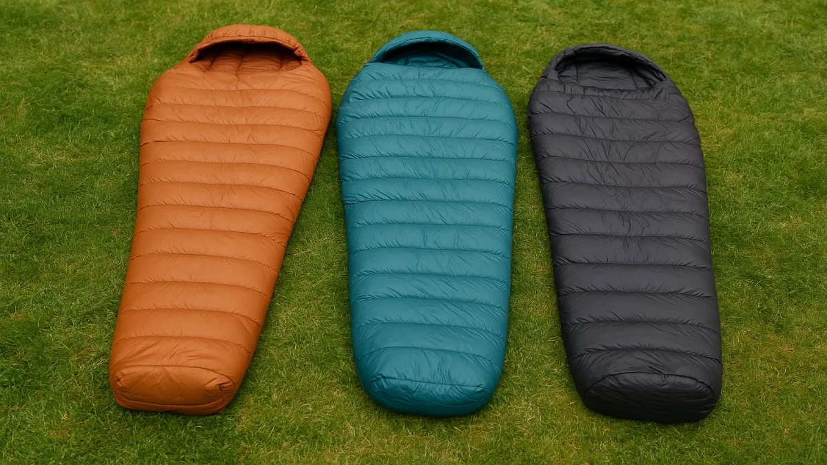Trei saci de dormit tip mummy, în culori diferite, așezați pe iarbă pentru comparație.