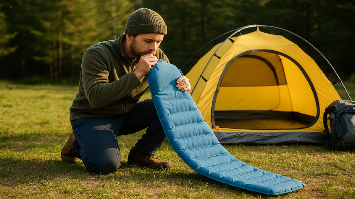 Bărbat umflând o saltea de camping albastră în fața unui cort galben, într-un camping din pădure.