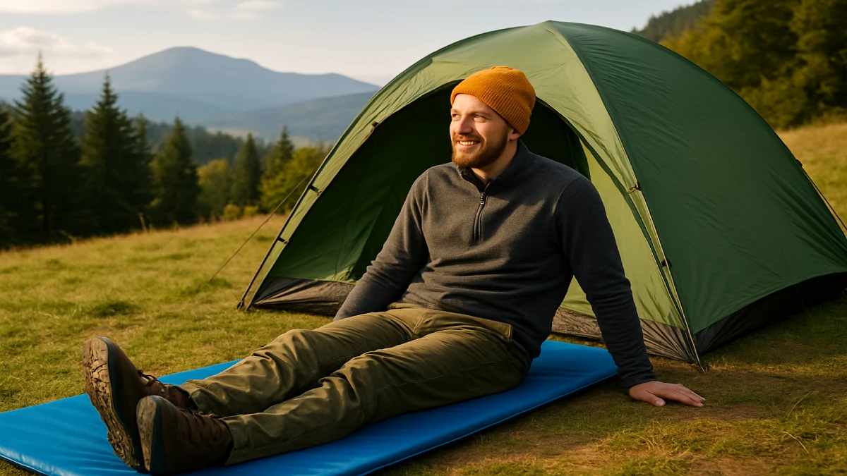 Bărbat așezat pe o saltea de camping în fața cortului, într-o poiană cu vedere spre munți.
