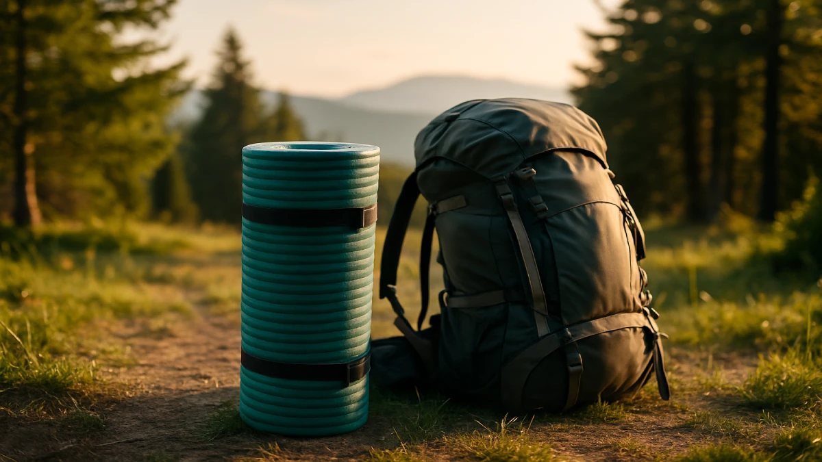 Saltea de camping rulată, prinsă cu chingi, lângă un rucsac de drumeție, într-o poiană la apus.