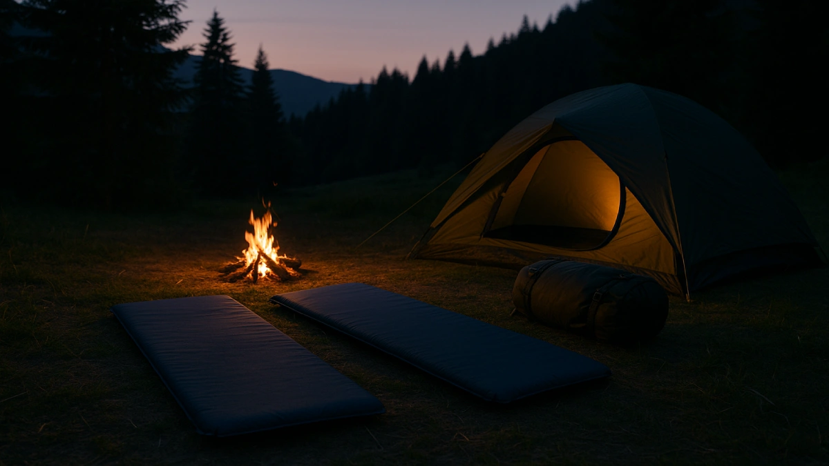 Două saltele de camping întinse lângă un foc de tabără, cu un cort luminat în fundal, într-o poiană montană la apus.