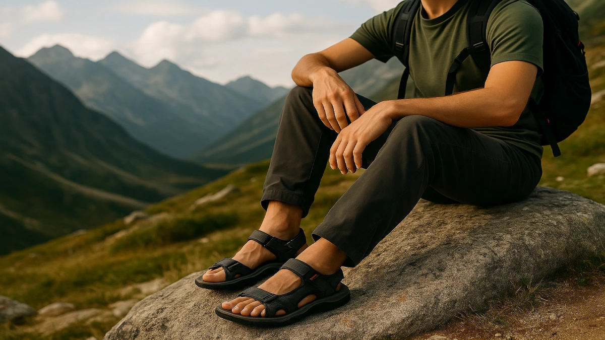 Bărbat purtând sandale de drumeție, stând pe o stâncă pe un traseu montan