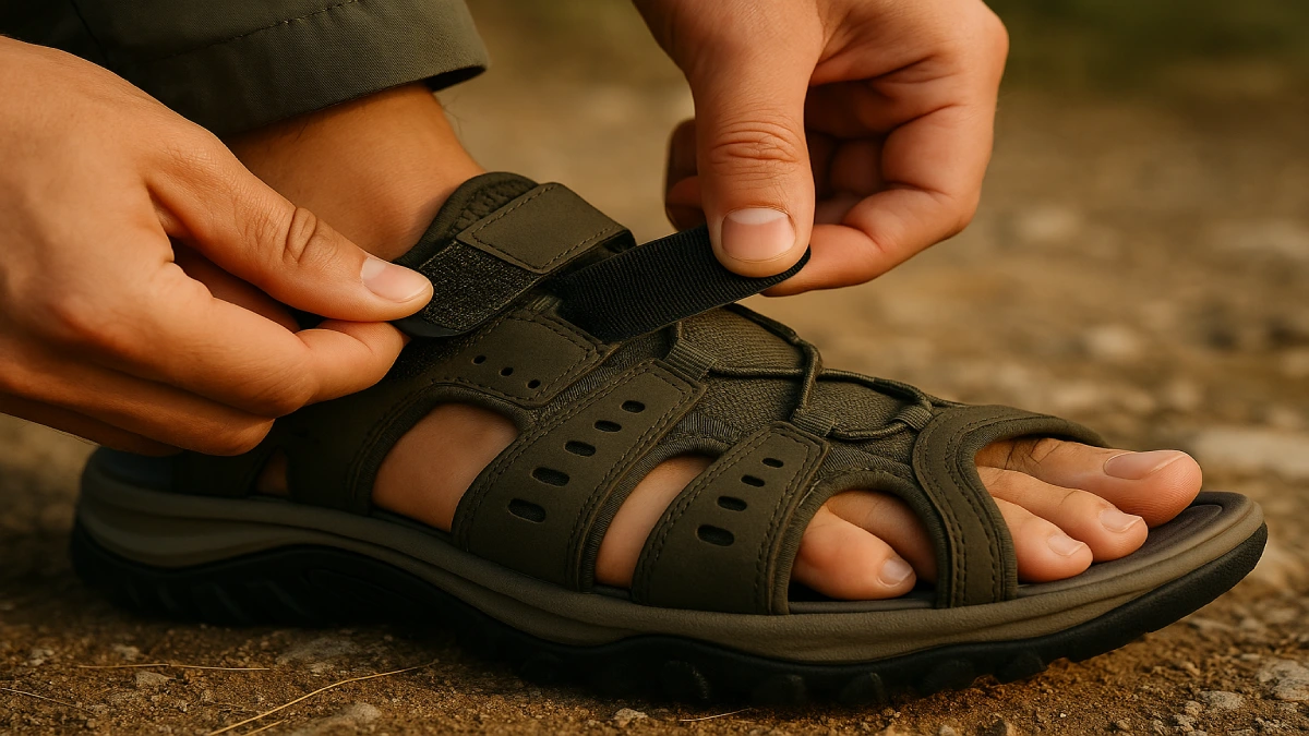 Prim-plan cu un utilizator care ajustează curelele unei sandale de drumeție