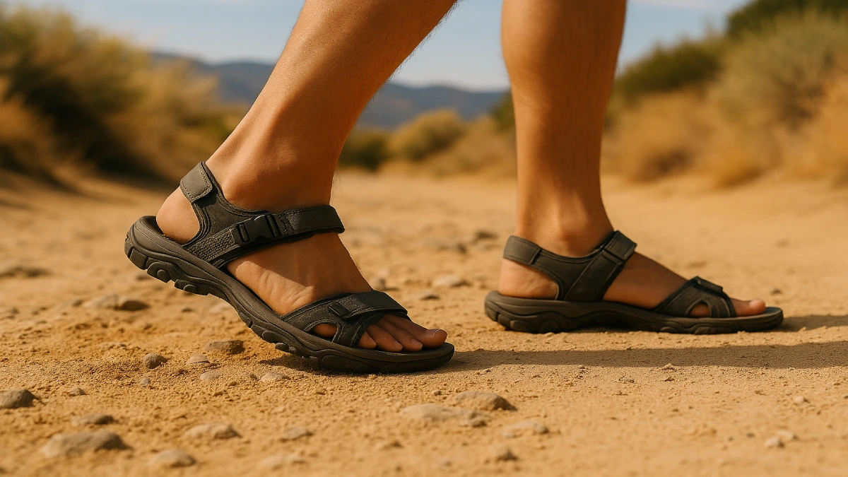 Sandale de drumeție purtate pe un traseu nisipos și uscat, în timpul verii