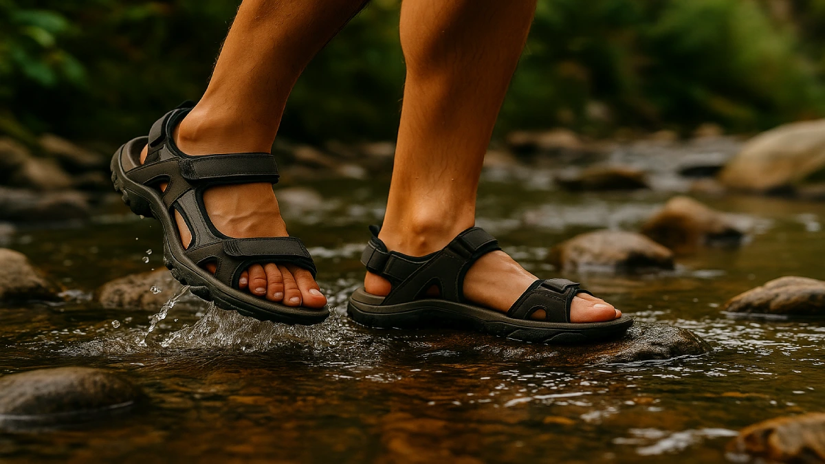 Picioare purtând sandale de drumeție în timp ce traversează un pârâu pe pietre ude