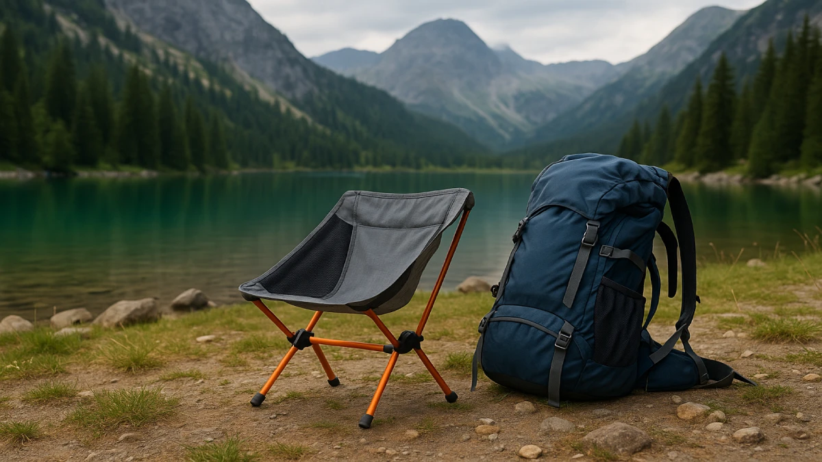 Scaun de picnic ultra-compact lângă un rucsac mare, pe malul unui lac montan
