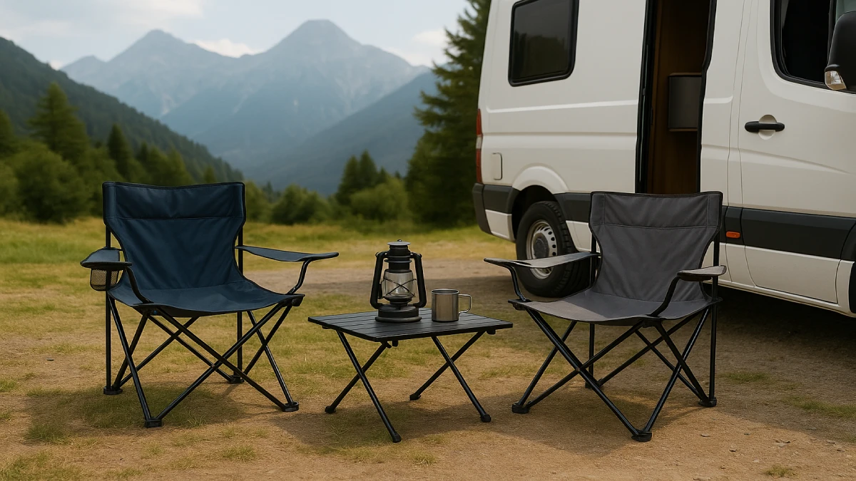 Două scaune de picnic și o masă pliabilă lângă o autorulotă, cu munți în fundal
