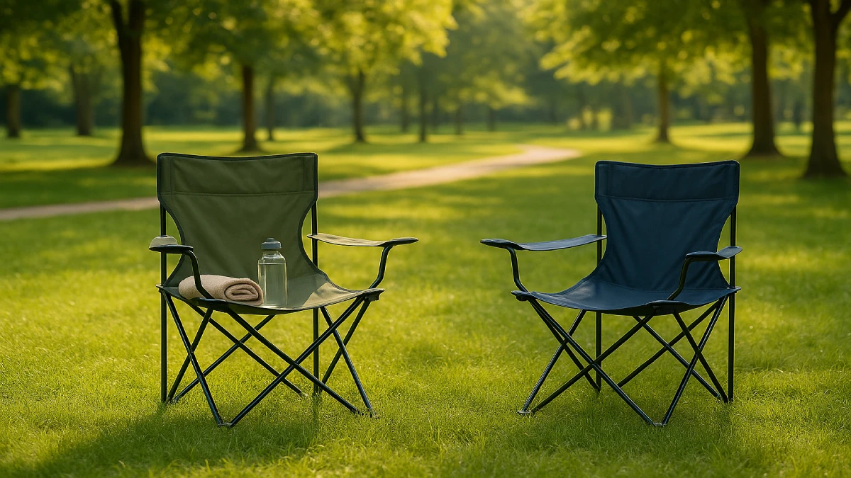 Două scaune de picnic pliante așezate pe iarbă într-un parc luminat de soare