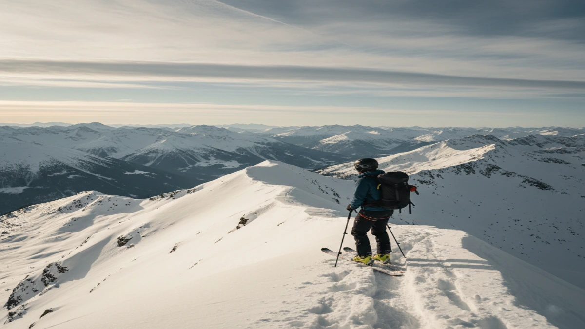 Schior de ski touring pe o creastă montană, pregătit pentru coborâre în peisaj alpin de iarnă