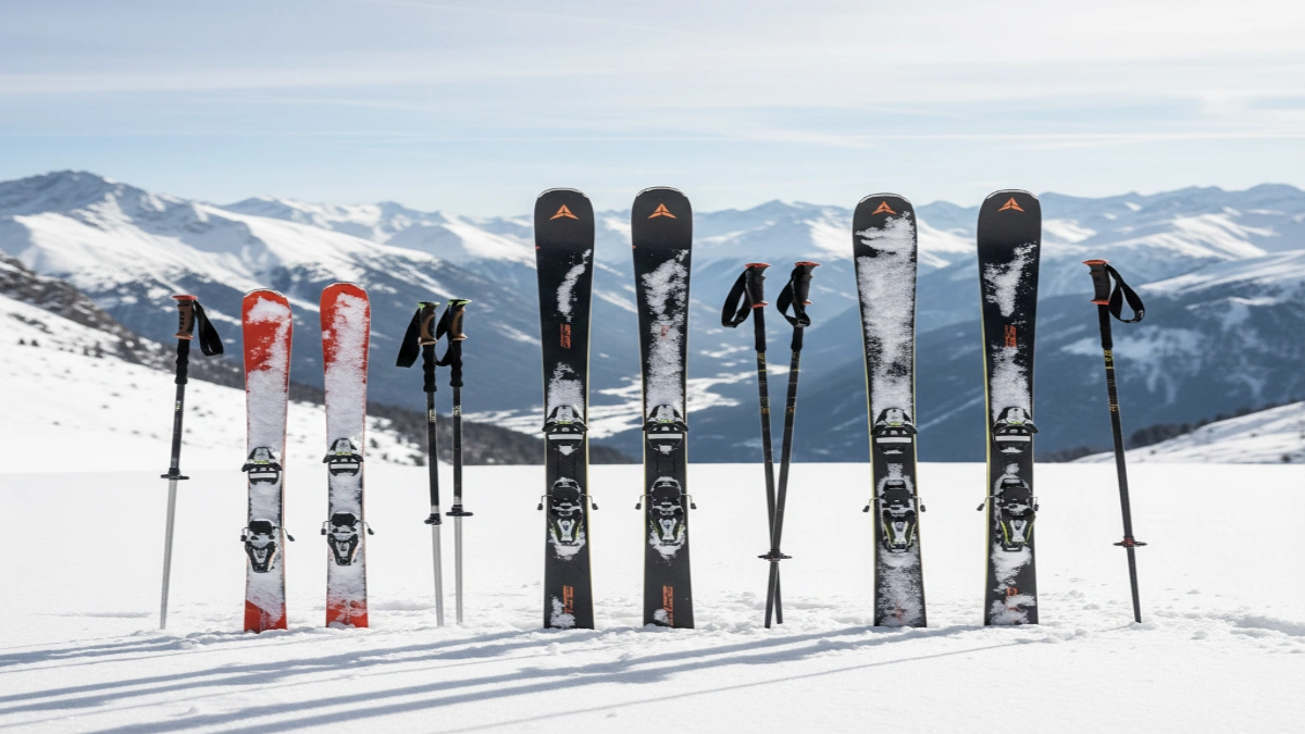 Mai multe perechi de schiuri de tură aliniate în zăpadă, într-un peisaj montan de iarnă