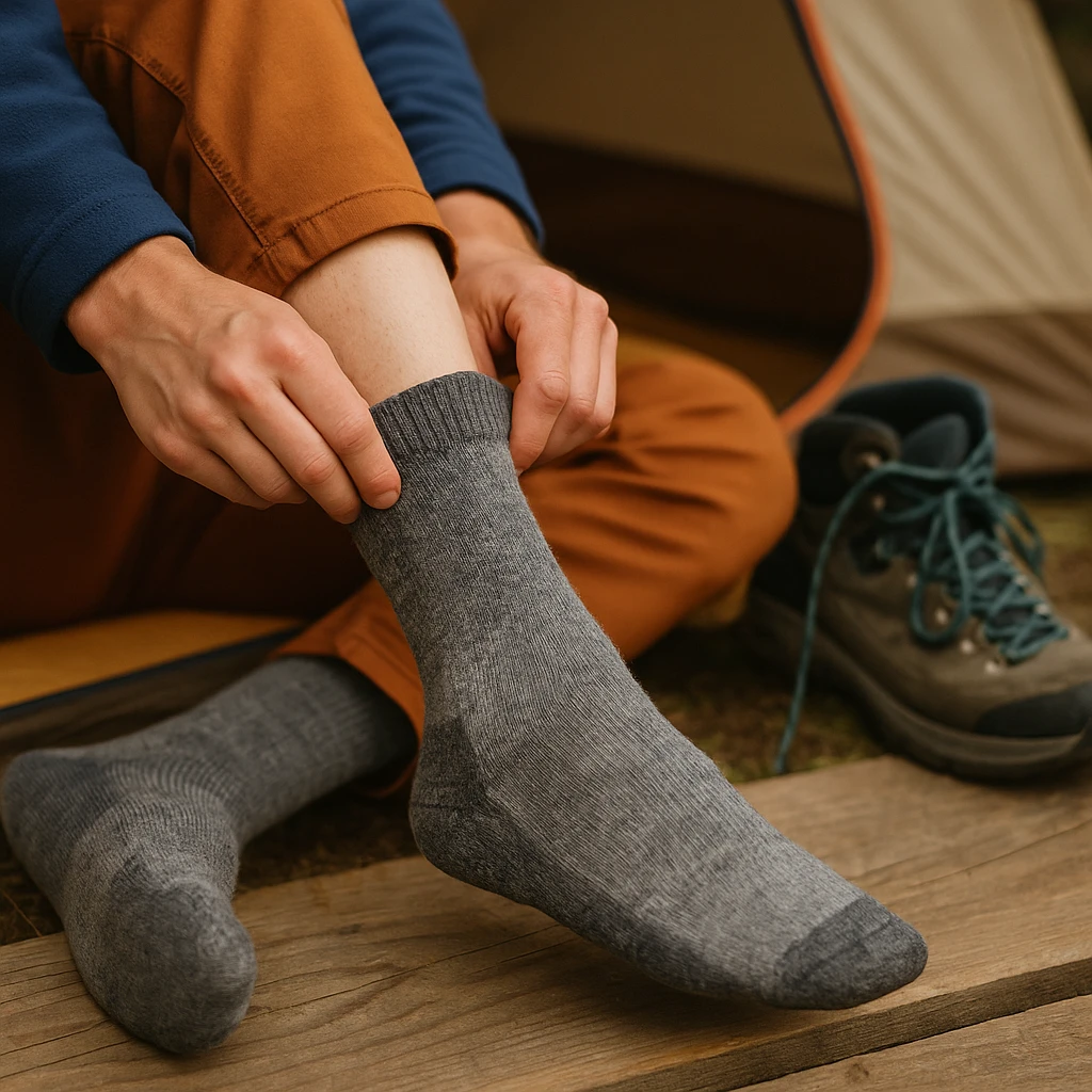 Drumeț trăgând o șosetă de drumeție peste gleznă înainte de plecare.