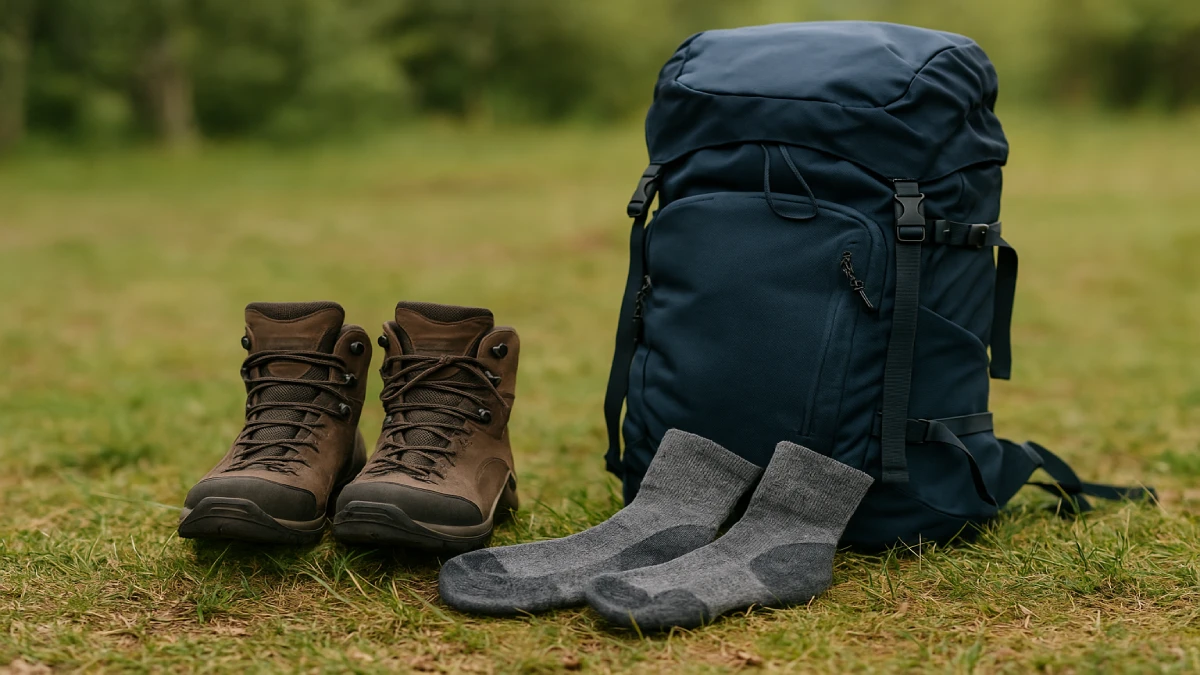 Șosete de drumeție așezate lângă un rucsac și o pereche de bocanci, pe iarbă.