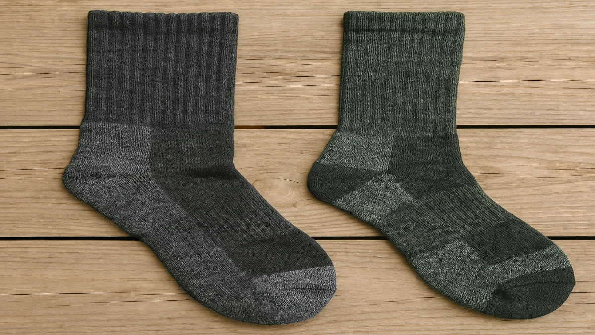 Două șosete tehnice de drumeție fotografiate de aproape, evidențiind textura materialului.