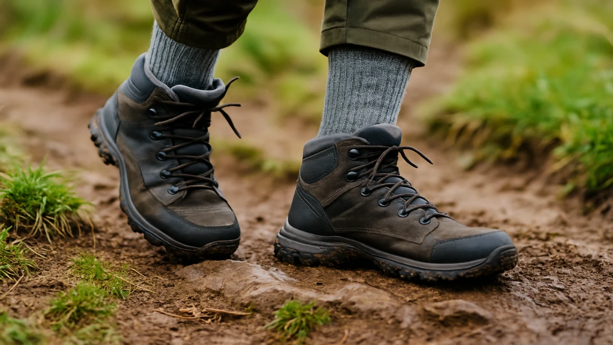 Șosete de drumeție vizibile deasupra bocancilor, în timp ce un drumeț merge pe o potecă noroioasă.