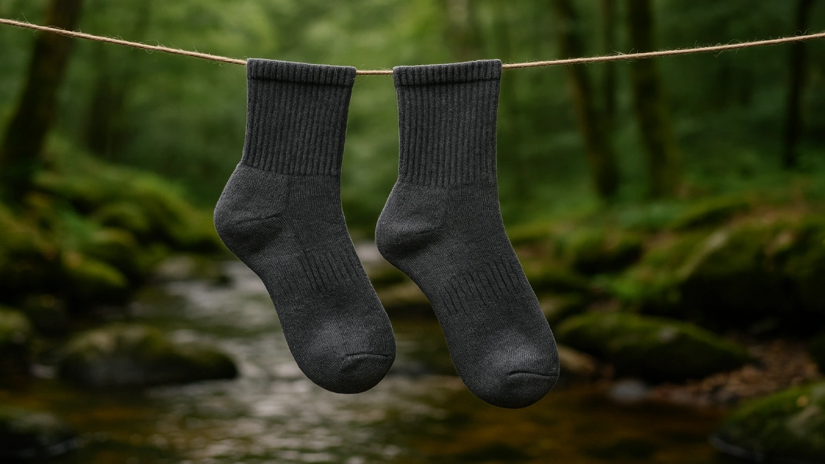 Pereche de șosete de drumeție atârnate pe o sfoară lângă un pârâu, într-o zonă împădurită.