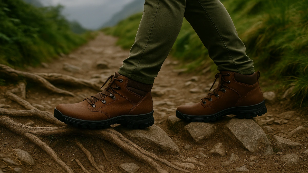 detaliu cu ghete de drumeție pentru femei pe teren accidentat, evidențiind talpa și aderența