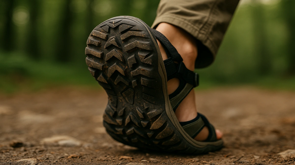 Prim-plan cu talpa sandalelor de drumeție, evidențiind profilul antiderapant
