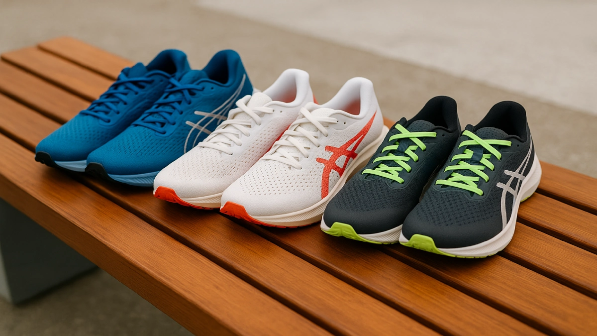 Trei perechi de pantofi de alergare așezate pe o bancă de lemn, în culori diferite.