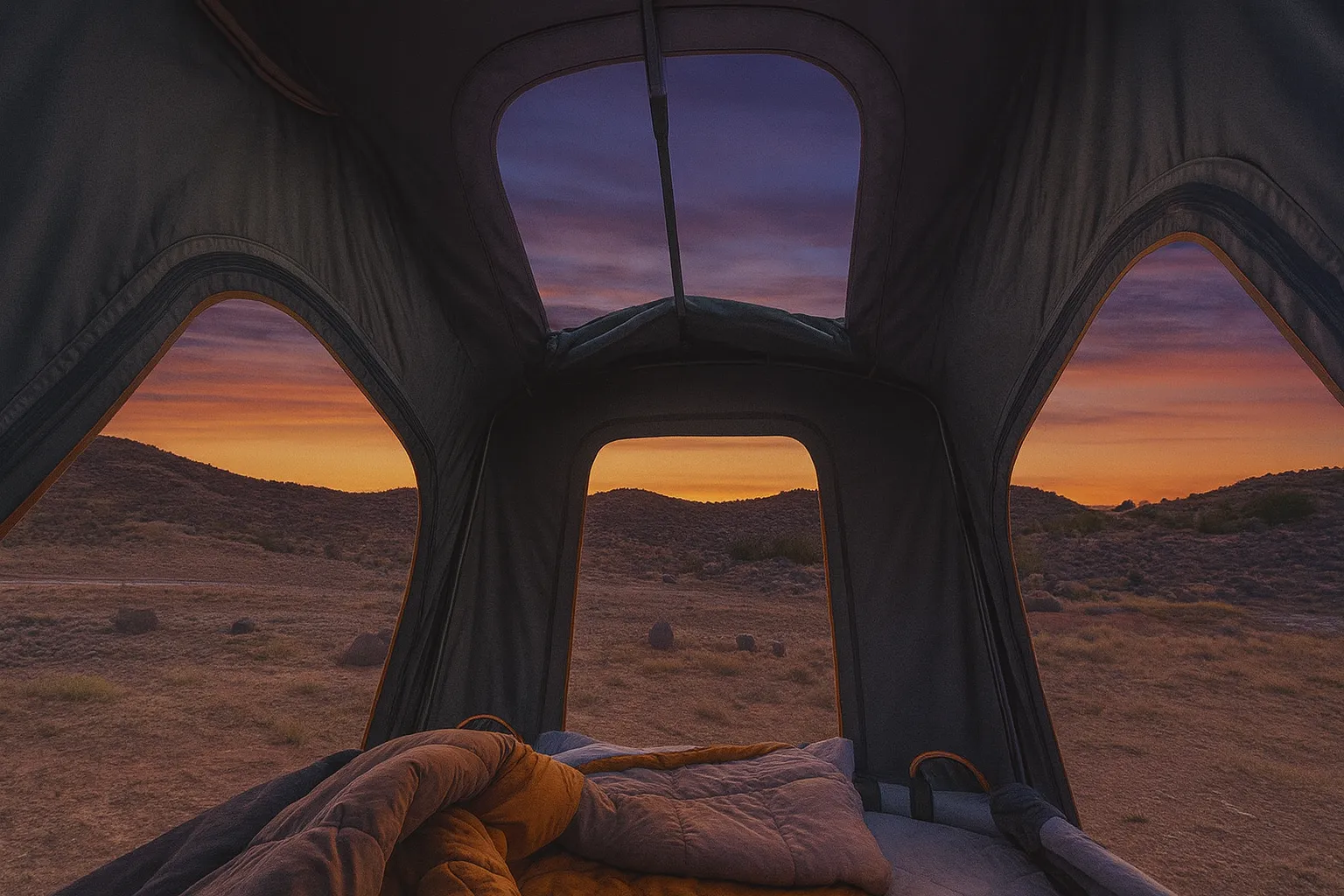 Vedere din interiorul unui cort de plafon auto către un apus spectaculos, cu peisaj deșertic și cer colorat în nuanțe intense.
