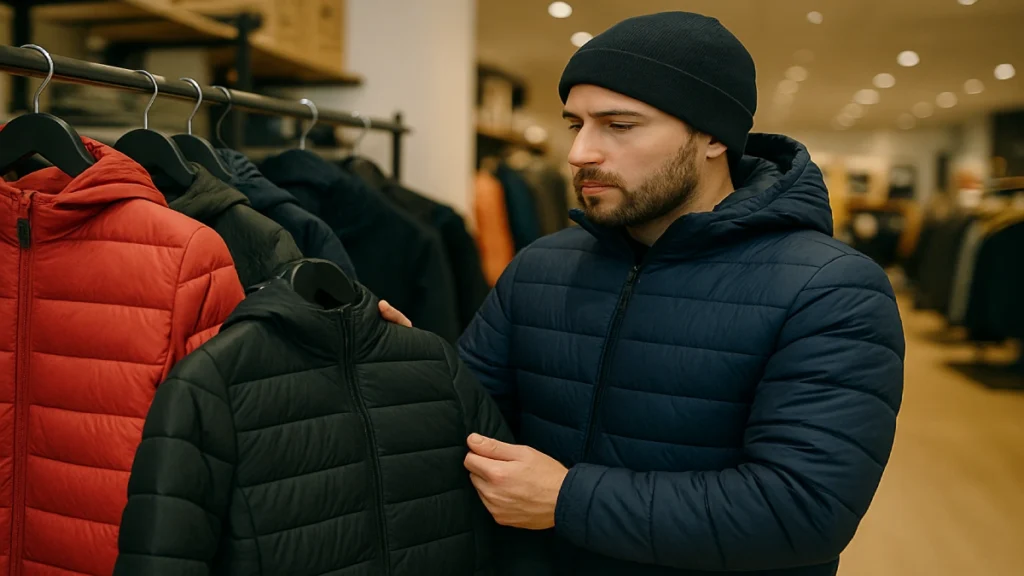 Bărbat analizând o geacă de puf pentru bărbați într-un magazin de îmbrăcăminte de iarnă
