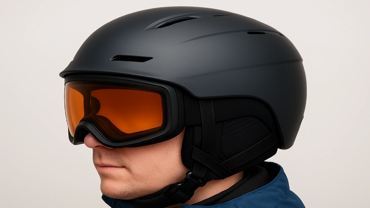 Schior purtând cască de ski și ochelari, cu protecție completă pentru cap și ochi