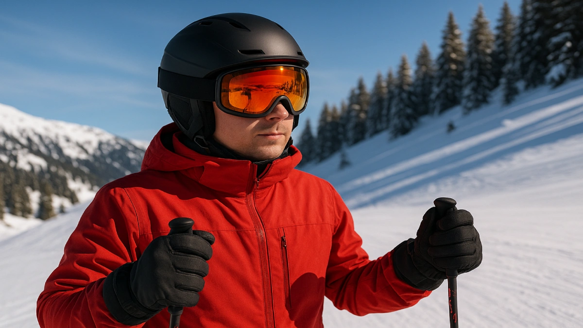 Schior echipat cu cască de ski și ochelari, pe pârtie acoperită cu zăpadă