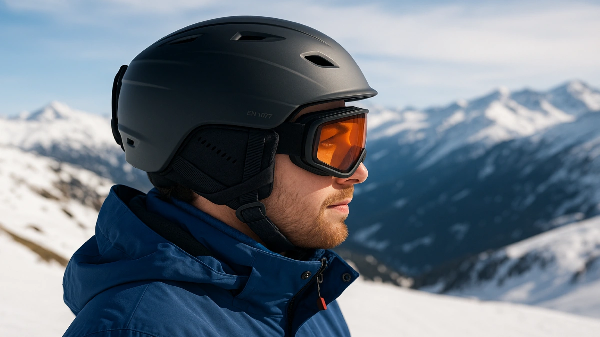 Schiore purtând cască de ski neagră cu ochelari, pe pârtie montană acoperită cu zăpadă