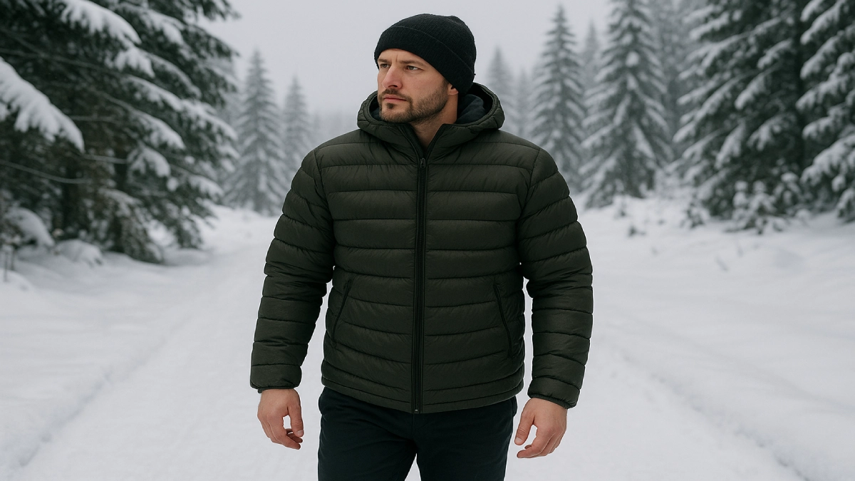 Bărbat purtând geacă de puf pentru drumeții de iarnă pe traseu montan acoperit de zăpadă