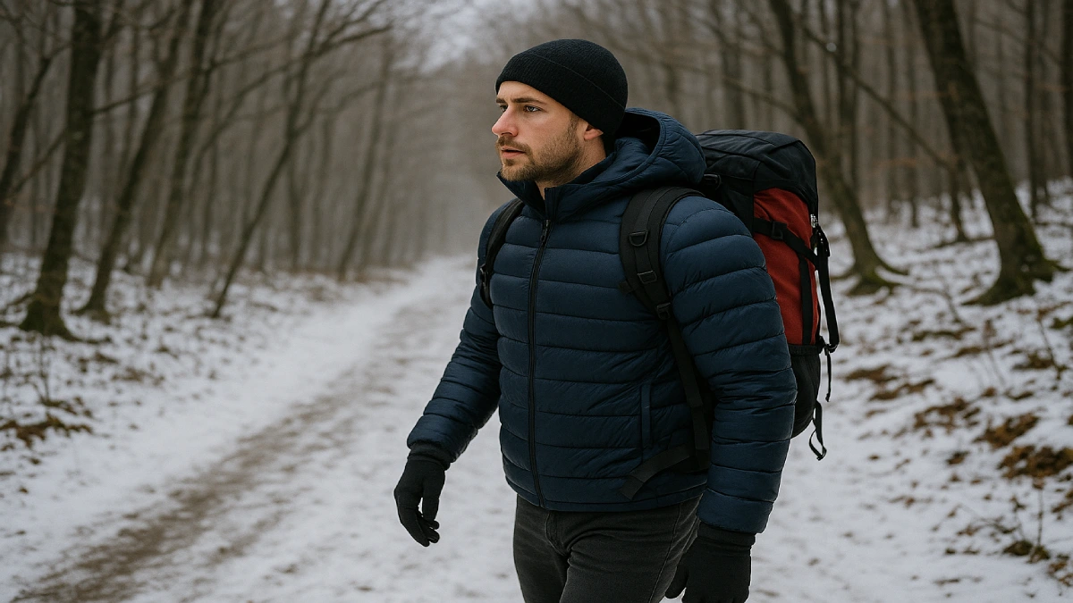 Bărbat purtând geacă de puf pentru bărbați în drumeție de iarnă, cu rucsac, pe traseu forestier acoperit de zăpadă