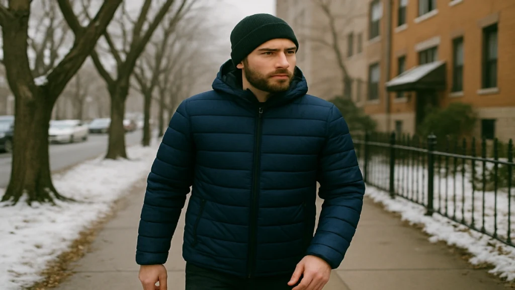 Bărbat purtând geacă de puf pentru bărbați în timpul unei plimbări de iarnă pe stradă urbană