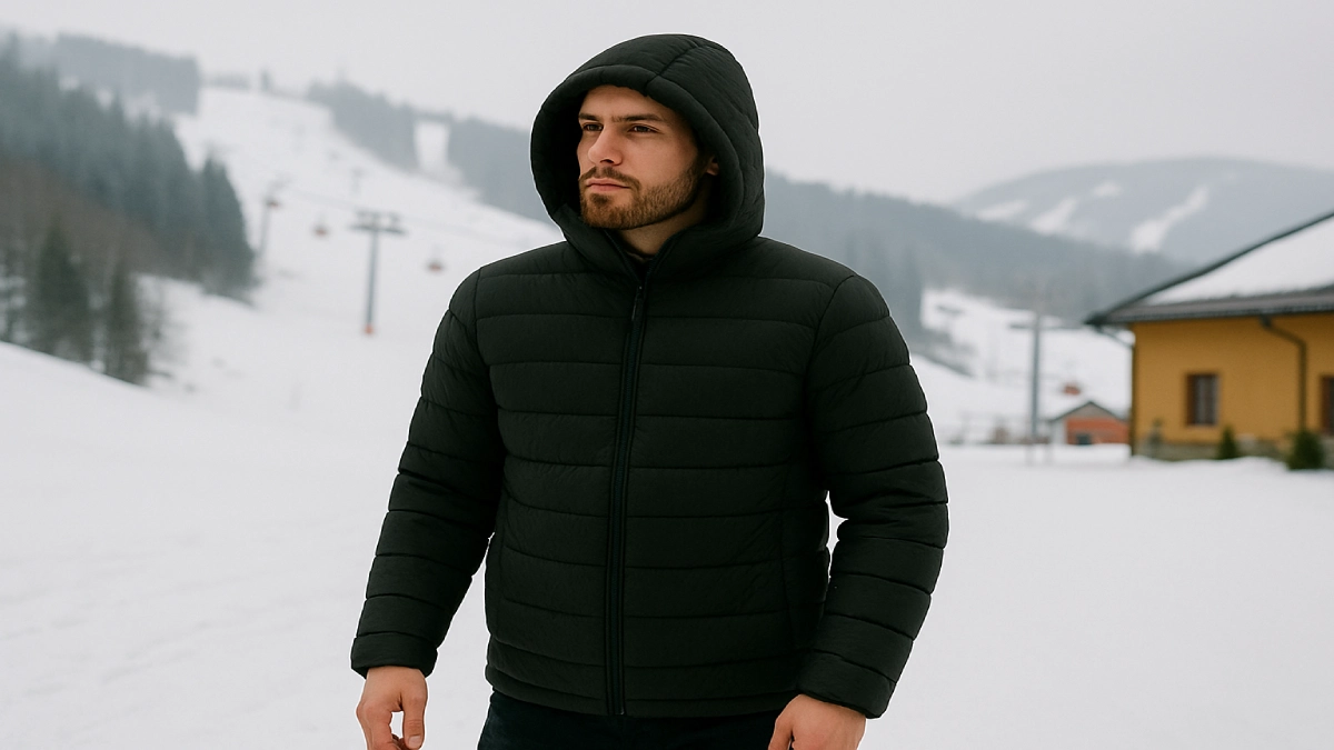 Bărbat purtând geacă de puf pentru bărbați într-o stațiune montană, pe fundal de pârtii acoperite de zăpadă