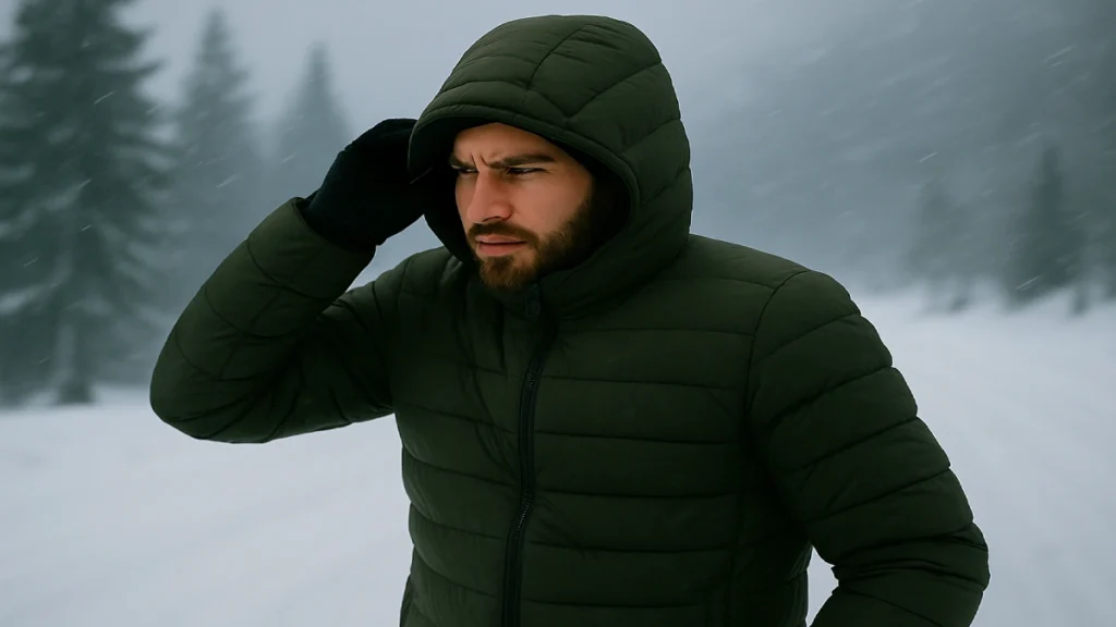 Bărbat purtând geacă de puf pentru bărbați în condiții de vânt puternic și ninsoare, pe munte